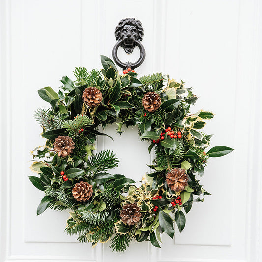 Natural Handmade Christmas Holly Wreath/Hanging Door Decoration.  Decorated with Pine Cones; No Plastic