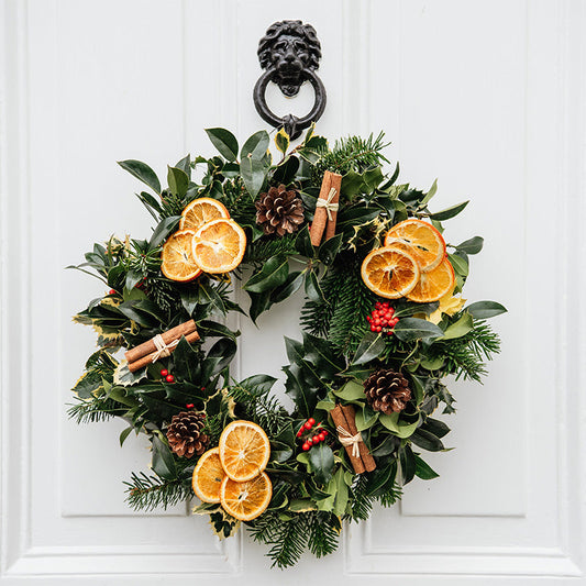 Natural Handmade Christmas Holly Wreath/Hanging Door Decoration.  Decorated with Pine Cones, Cinnamon & Orange; No Plastic